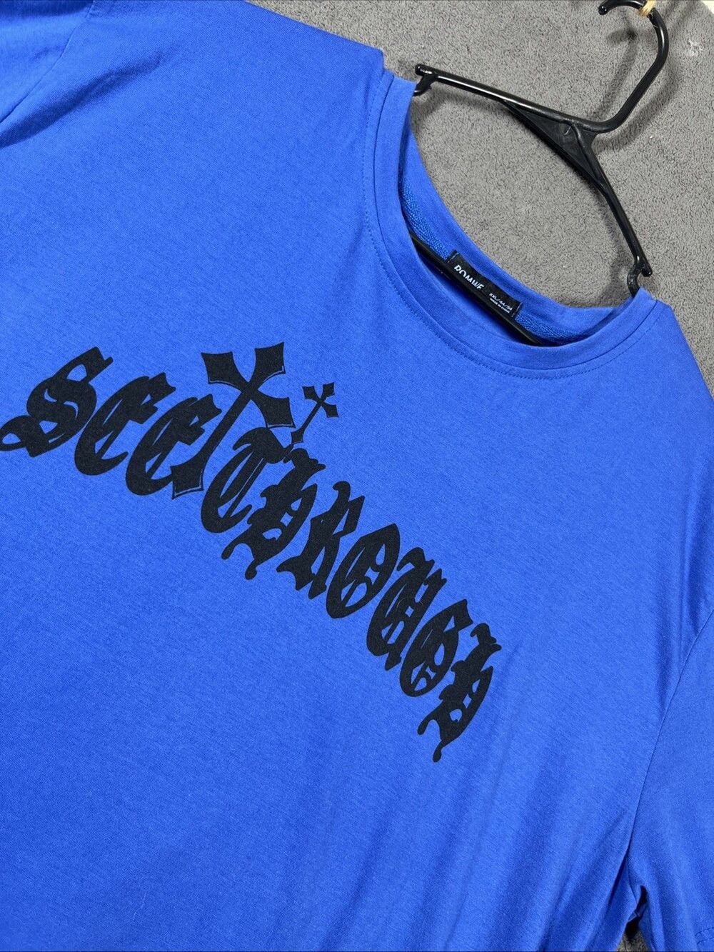 ROMWE Shirt Mens XXL 2XL Blue Cross Graphic T-Shirt Tee Gothic Y2K See Through